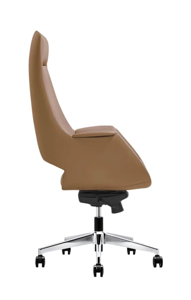 A modern office chair with a high, contoured backrest and integrated armrests. The chair features a polished chrome five-star base with caster wheels for mobility and a pneumatic height adjustment lever. The upholstery appears to be a smooth, tan-colored material, possibly leather or high-quality synthetic. — 3D model