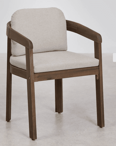 A modern armchair featuring a dark-stained wooden frame and light beige fabric upholstery. The chair includes separate, removable cushions for the seat and back, both with rounded edges. The wooden frame consists of straight legs, a solid seat base, and gently curved armrests that seamlessly integrate into the backrest supports. The overall design emphasizes clean lines and a minimalist aesthetic. — 3D model