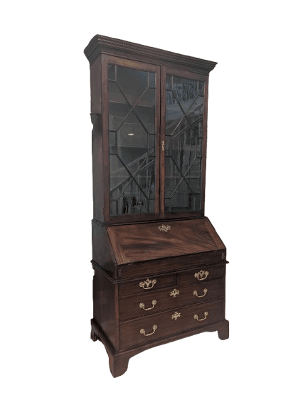 A dark wood secretary desk with a glass-fronted upper cabinet. The upper section features diamond-shaped mullions in the glass doors and a decorative pediment. The lower section has a slanted writing surface that opens to reveal an interior compartment. Below the writing surface are three drawers, each with ornate brass hardware. The desk is supported by bracket feet. — 3D model