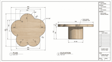 A uniquely shaped coffee table with a rounded, segmented top resembling a flower or clover. The base is a simple cylindrical pedestal. — 3D model