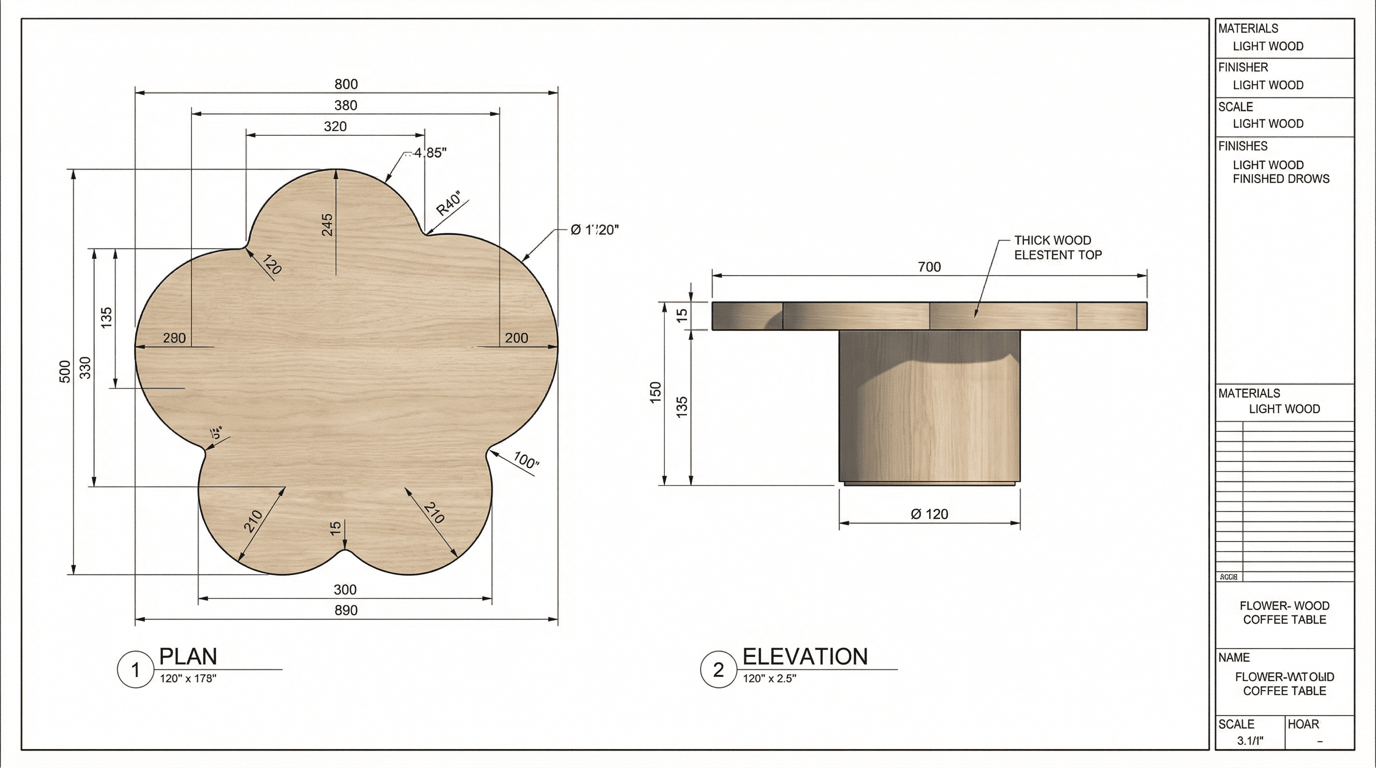 A uniquely shaped coffee table with a rounded, segmented top resembling a flower or clover. The base is a simple cylindrical pedestal. — 3D model
