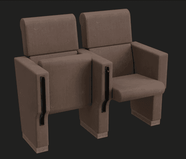 A two-seater auditorium seating unit featuring individual, upholstered brown seats with integrated armrests. The seats are designed to fold upwards when not in use, common in cinema or theater settings, with a sturdy base construction. The overall appearance is functional and robust. — 3D model