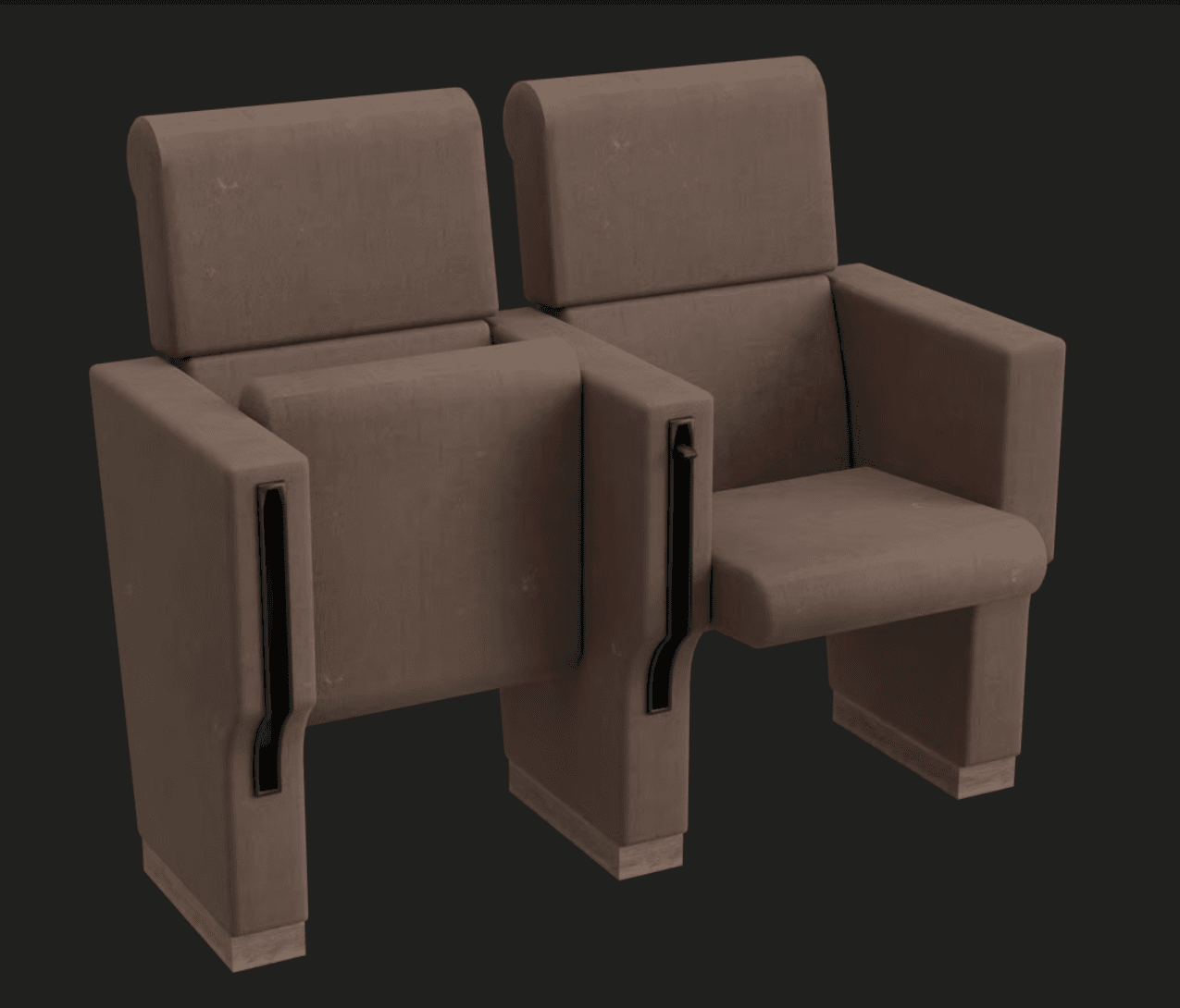 A two-seater auditorium seating unit featuring individual, upholstered brown seats with integrated armrests. The seats are designed to fold upwards when not in use, common in cinema or theater settings, with a sturdy base construction. The overall appearance is functional and robust. — 3D model