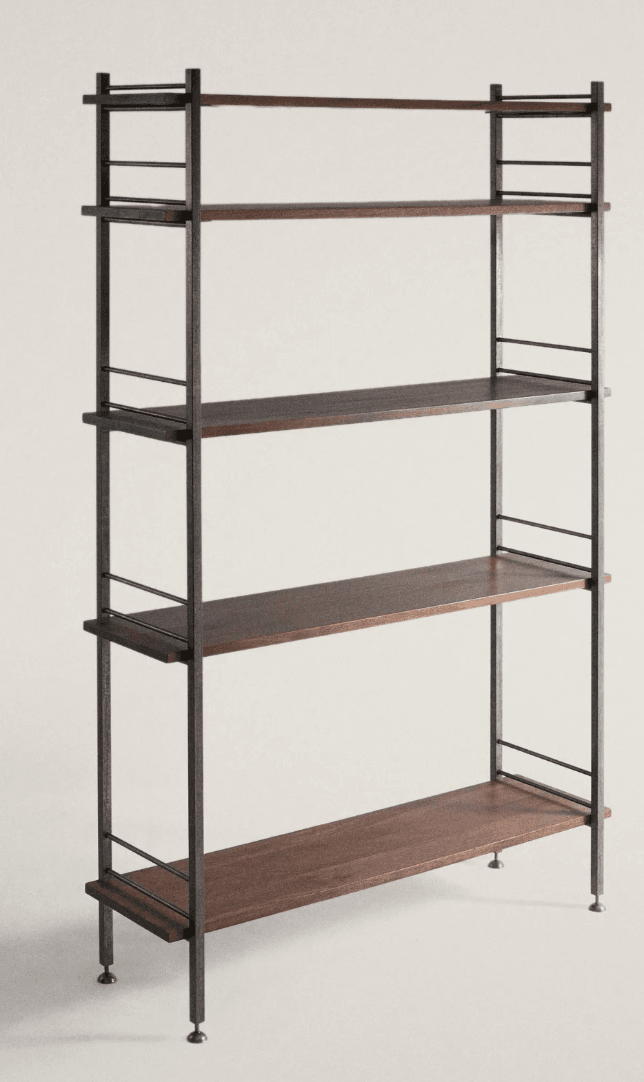 A multi-tiered freestanding shelving unit featuring a dark metal frame and five dark-stained wooden shelves. The frame incorporates slender horizontal metal rods along the sides of each shelf, and the unit stands on adjustable leveling feet, presenting an industrial modern aesthetic. — 3D model