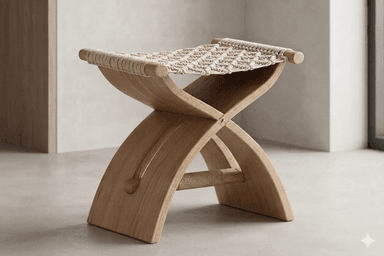 A light wood X-frame stool with a woven rope seat. The frame features curved legs and a wrapped stretcher bar. The overall aesthetic is natural and minimalist. — 3D model
