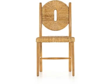 An armless chair with a light-toned wooden frame, featuring a circular, tightly woven natural fiber backrest with a central oval cutout, and a matching woven seat. — 3D model