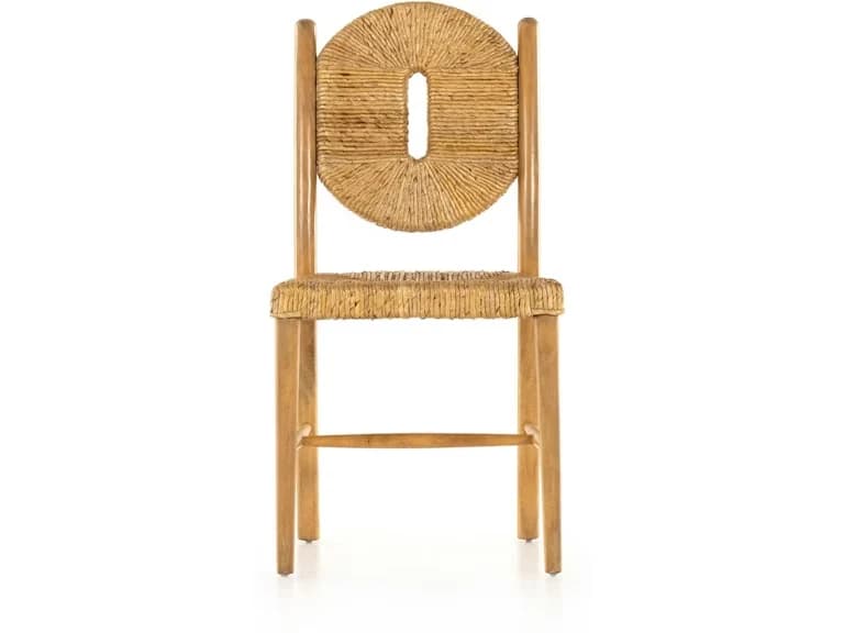 An armless chair with a light-toned wooden frame, featuring a circular, tightly woven natural fiber backrest with a central oval cutout, and a matching woven seat. — 3D model