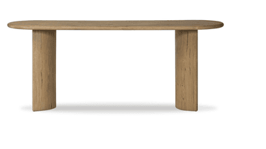 A long, narrow console table with an organically shaped, slightly rounded rectangular top. The table has two thick, solid legs that are columnar and cylindrical in form, with the front face of each leg being flat and extending down to the floor with a subtle curve. The wood grain is pronounced, suggesting a natural, possibly reclaimed wood material. — 3D model