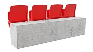 A rendering of a set of four modern, red, wall-mounted stadium chairs, each designed with a foldable seat mechanism. The chairs are individually numbered '001' through '004' on their upper backrests and are attached to a textured concrete wall or riser. Each chair features a bright red plastic backrest and a contoured, foldable plastic seat, supported by a robust metal frame, suggesting durability for public use. — 3D model
