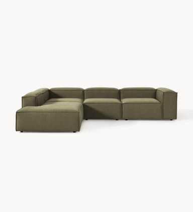 A sectional sofa with a modular design, featuring low-profile, block-like modules. It is upholstered in a textured, olive-green fabric and configured in an L-shape. The sofa has clean lines and a contemporary aesthetic, with visible seams separating the individual modules. The arms and backrests are integrated into the modular units. — 3D model