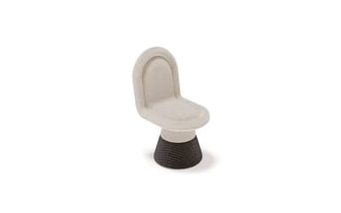 An armless swivel chair featuring a rounded backrest and seat upholstered in a cream-colored, textured boucle-like fabric. The seating component is supported by a dark, conical base with a distinct woven or heavily textured pattern, suggesting a modern and sculptural aesthetic. A small green accent is present on the backrest. — 3D model