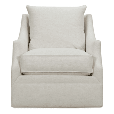 A plush armchair upholstered in a light-colored linen-like fabric. It features a deep seat cushion, a separate back cushion, and flared arms. The base of the chair has a clean, straight line, giving it a contemporary yet comfortable appearance. The stitching is visible and well-executed, indicating quality craftsmanship. — 3D model