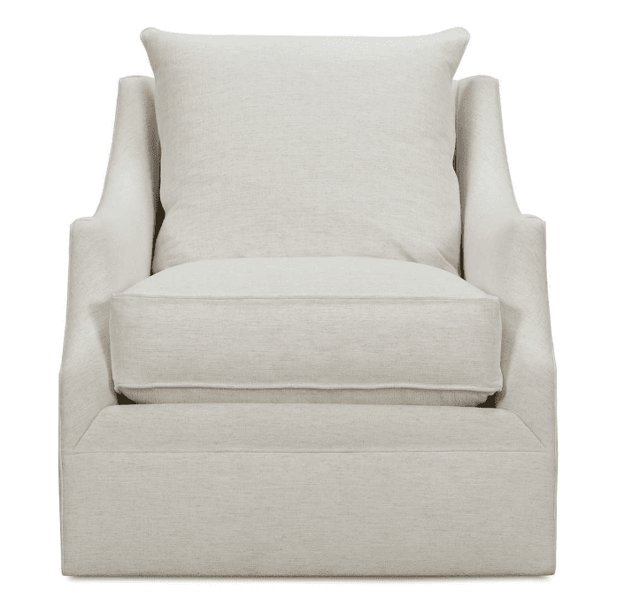 A plush armchair upholstered in a light-colored linen-like fabric. It features a deep seat cushion, a separate back cushion, and flared arms. The base of the chair has a clean, straight line, giving it a contemporary yet comfortable appearance. The stitching is visible and well-executed, indicating quality craftsmanship. — 3D model
