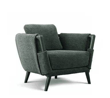 A contemporary armchair with a fabric-covered frame, featuring a textured weave. It has a prominent wooden frame visible at the arms and back, with tapered wooden legs. A square throw pillow rests on the seat. — 3D model