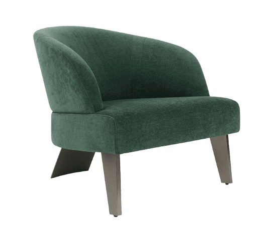 A contemporary upholstered accent chair in emerald green with a curved back and angled metal legs. — 3D model