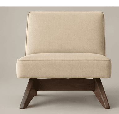 A modern armless lounge chair featuring light beige fabric upholstery and a distinct angular wooden base, designed for relaxation. — 3D model