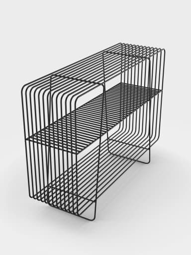 A minimalist two-tier console table constructed entirely from continuous black bent metal rods. The design features a rectangular top surface and a lower shelf, both formed by parallel rods, with the vertical sides also composed of bent rods, giving it an open and airy aesthetic. Two internal diagonal rod supports provide stability to the structure. — 3D model