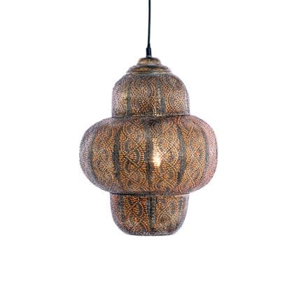A multi-tiered pendant light featuring an intricate perforated metal design, characteristic of Moroccan or Moorish aesthetics, suspended by a black cord. The light emanates softly through the small holes, creating diffused ambient illumination. — 3D model
