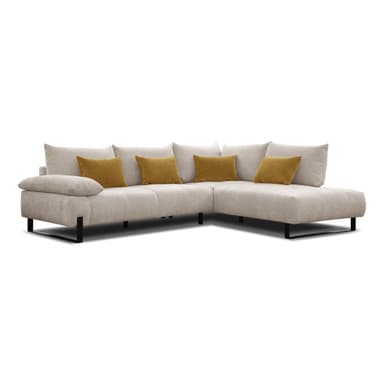 An L-shaped sectional sofa upholstered in a light beige or cream textured fabric, featuring a right-hand facing chaise extension. The sofa is supported by slender, low-profile black metal legs. It includes multiple loose back cushions in the same primary fabric and is accented with four mustard yellow textured throw pillows and one small, rectangular beige armrest pillow. The design is contemporary, emphasizing clean lines and a comfortable aesthetic. — 3D model