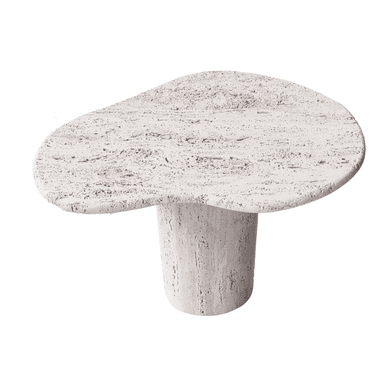 A sculptural coffee table with an organically shaped, irregular top and a single, thick pedestal base. The surface and base exhibit a textured, porous appearance characteristic of travertine stone. — 3D model