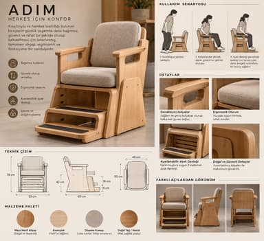 A light wooden chair with a beige upholstered seat and backrest, featuring two integrated steps at the front. The armrests have cut-out handles. — 3D model