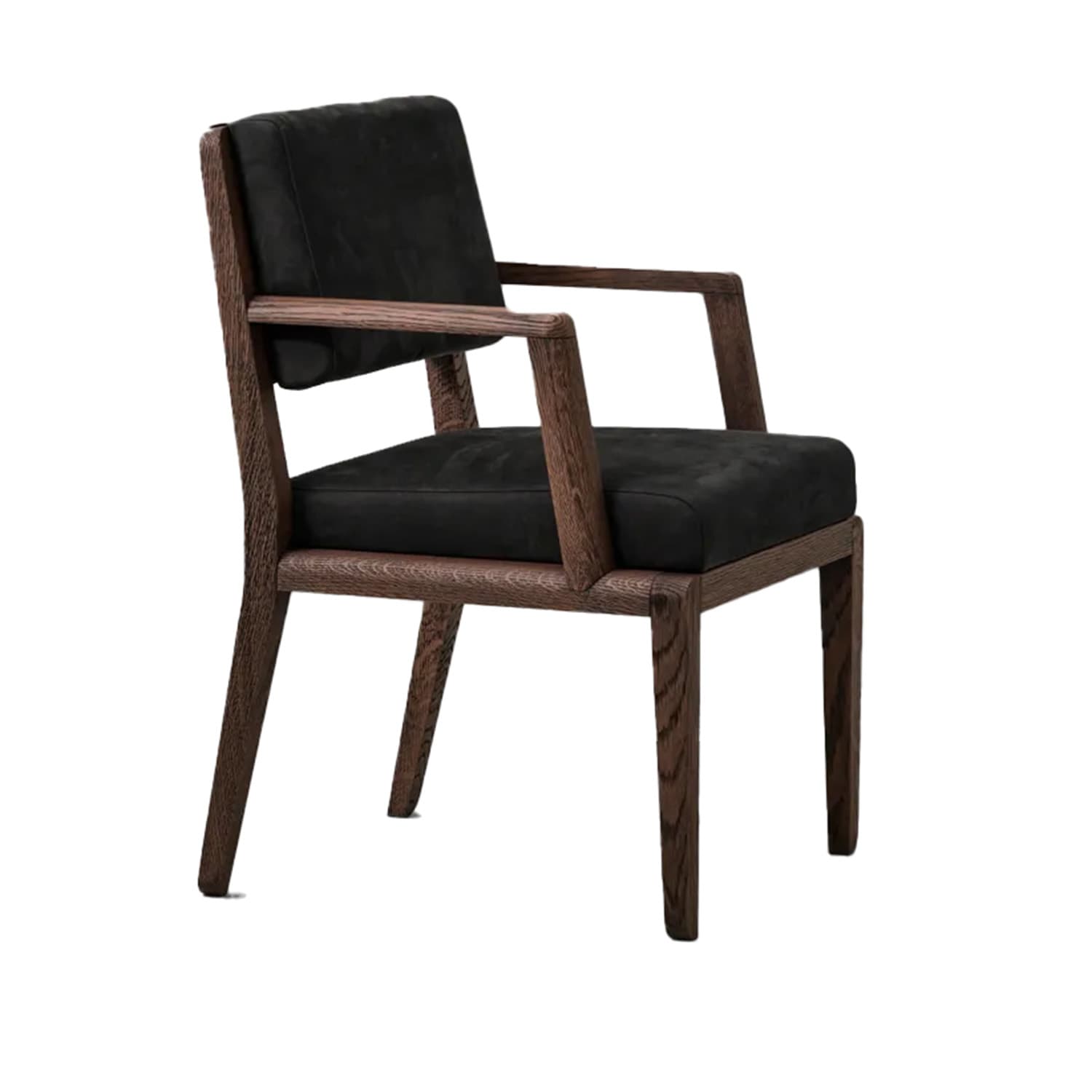A modern armchair featuring a dark wooden frame and black upholstered cushions for the seat and backrest. The frame has straight lines and visible wood grain, indicating a solid wood construction. The armrests are integrated into the frame. The cushions appear plush and soft, providing comfort. The overall aesthetic is clean and contemporary. — 3D model