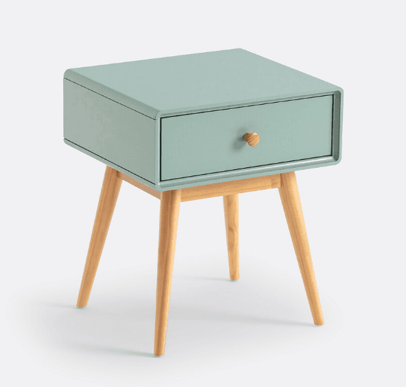 A compact, Mid-Century Modern style nightstand featuring a single drawer with rounded corners, a pale mint green finish, and splayed natural wood legs. — 3D model