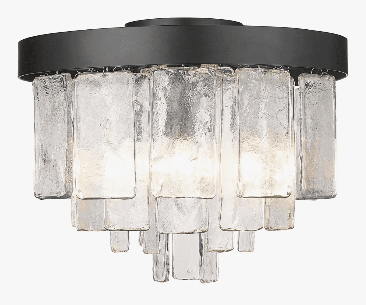 A contemporary flush mount ceiling light fixture featuring a circular matte black metal base from which multiple tiers of rectangular, textured clear glass panels are suspended. The internal light source illuminates through the textured glass, creating a diffused and decorative effect. — 3D model