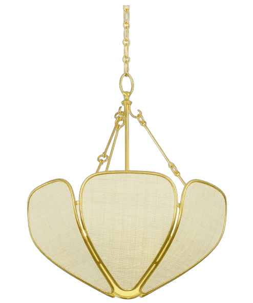 A contemporary chandelier featuring a polished brass frame with four curved, petal-like shades made of a light cream, woven fabric. The fixture is suspended by a brass chain. The design has an organic, fluid aesthetic. — 3D model