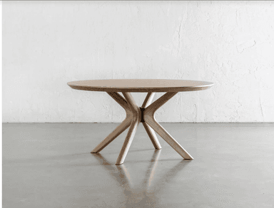 A modern round side table featuring a light-toned wooden tabletop and a sculptural base composed of multiple splayed wooden legs. The legs converge towards the center underneath the top, creating a stable and visually appealing structure. — 3D model