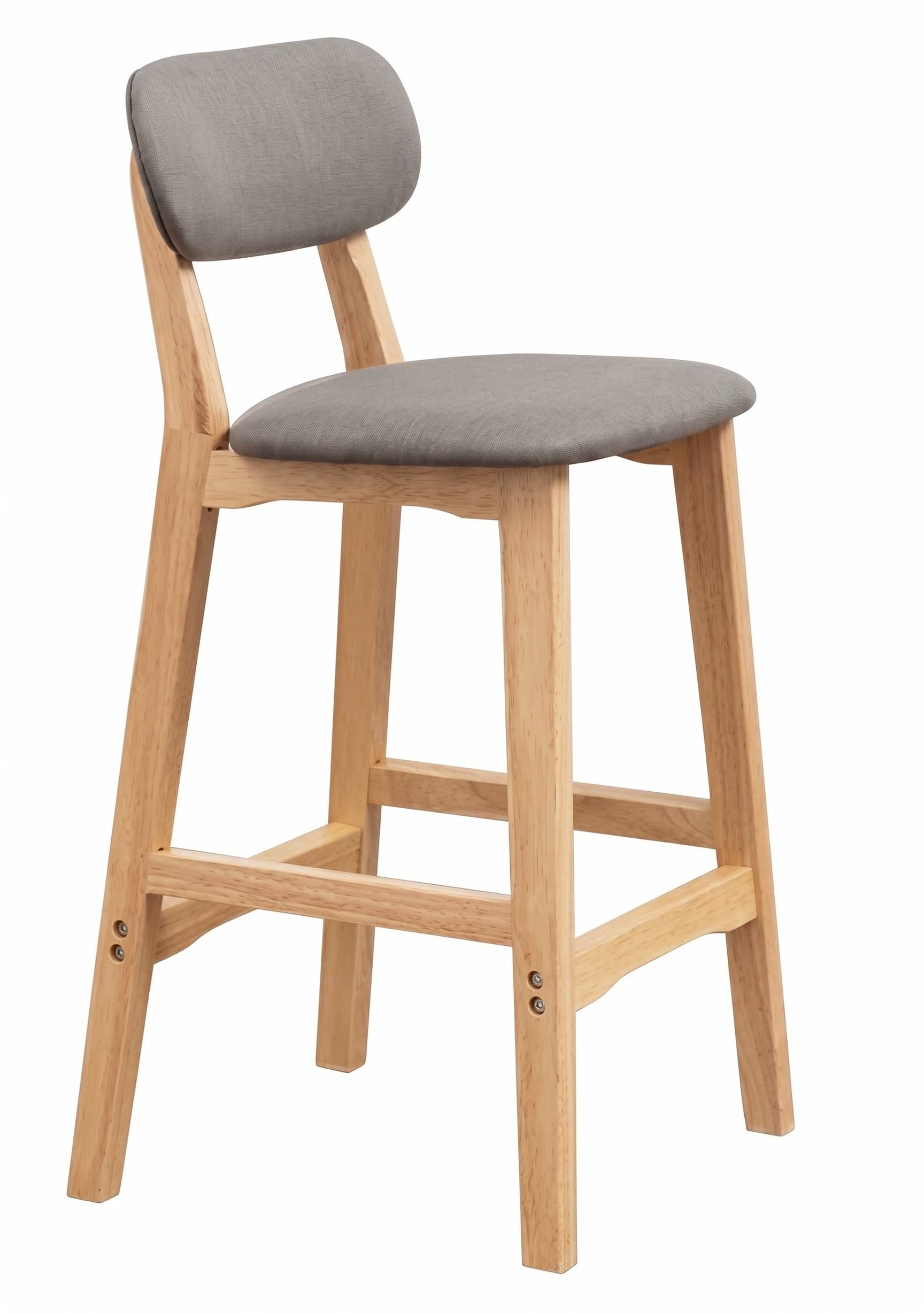 A modern bar stool featuring a light natural wood frame and upholstered seat and backrest in grey fabric. The stool has four splayed legs with integrated stretchers that serve as footrests. The backrest is small and rounded, offering minimal lumbar support, while the seat is subtly contoured. The construction appears sturdy, with visible screws indicating assembly points. — 3D model