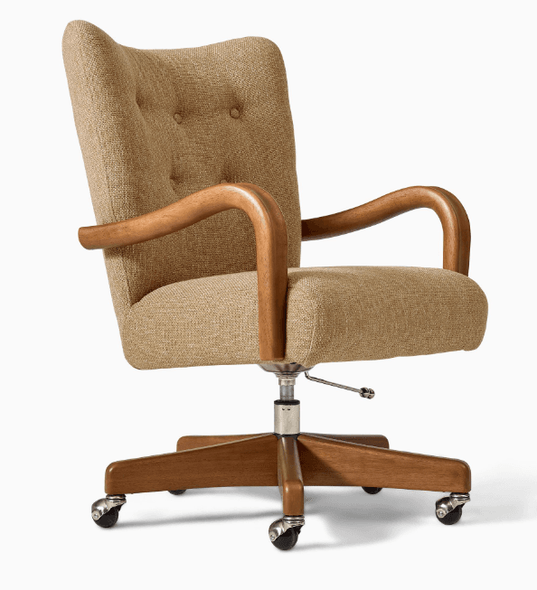 An upholstered swivel chair featuring a tan woven fabric, curved wooden armrests, and a five-star wooden base with casters, indicating a mid-century modern design style. — 3D model