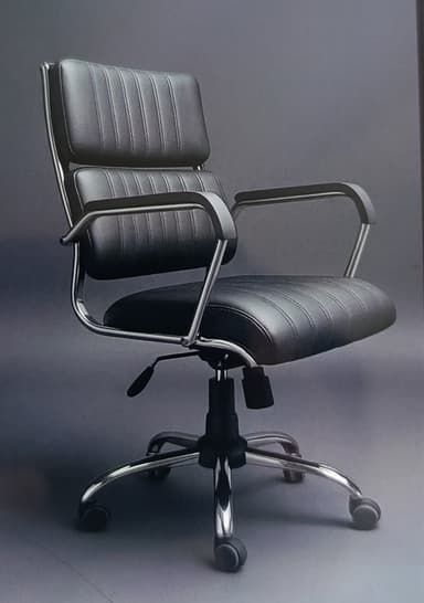 A modern office chair featuring black leatherette upholstery, a polished chrome frame, and a five-star base with casters. The seat and backrest are generously padded with horizontal channel stitching. It includes fixed armrests with padded tops, and a lever for height adjustment is visible beneath the seat. — 3D model