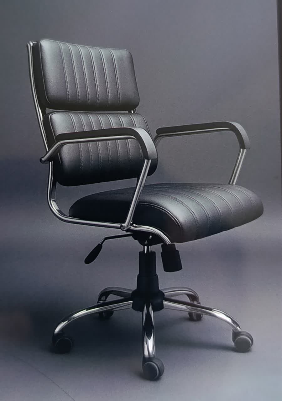 A modern office chair featuring black leatherette upholstery, a polished chrome frame, and a five-star base with casters. The seat and backrest are generously padded with horizontal channel stitching. It includes fixed armrests with padded tops, and a lever for height adjustment is visible beneath the seat. — 3D model