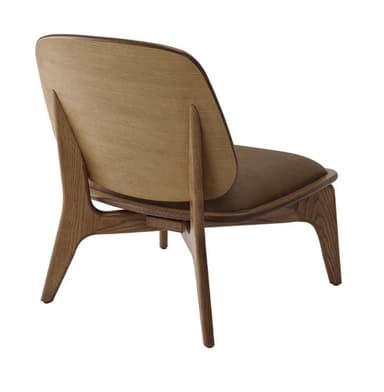 A modern lounge chair with a wooden frame and upholstered seat and backrest. The chair features a curved backrest and seat, supported by elegantly shaped wooden legs. The wooden elements have a natural finish, highlighting the grain, while the upholstery is a solid, textured brown. — 3D model