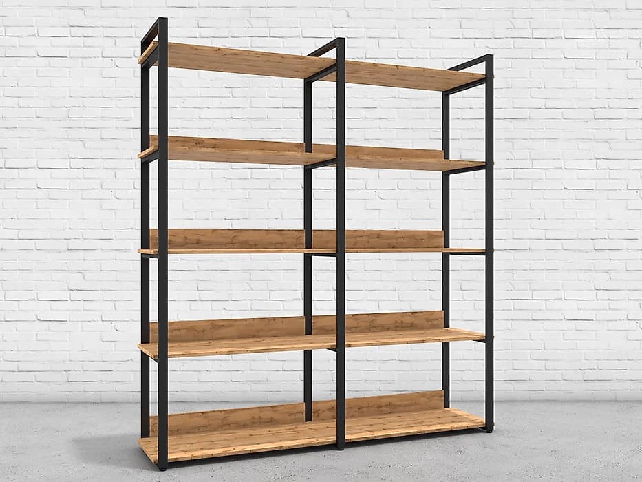 A tall, multi-tiered shelving unit featuring an open design with a black metal frame and light-colored wooden shelves. It consists of two vertical sections, each with five shelves. The back of the top two shelves are open, while the bottom three shelves in each section include a partial wooden back panel. The frame is constructed from square-profile metal tubing, and the wooden shelves appear to be made of light-toned, possibly distressed or plank-style wood. — 3D model