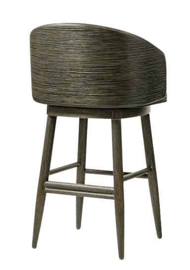 A contemporary bar stool featuring a barrel-shaped backrest and integrated armrests crafted from tightly woven, distressed grey material, likely rattan or wicker. The seat is upholstered in off-white fabric or faux leather and includes a swivel mechanism. The stool stands on four tapered wooden legs in a matching distressed grey finish, reinforced by stretchers and a metal footrest. — 3D model