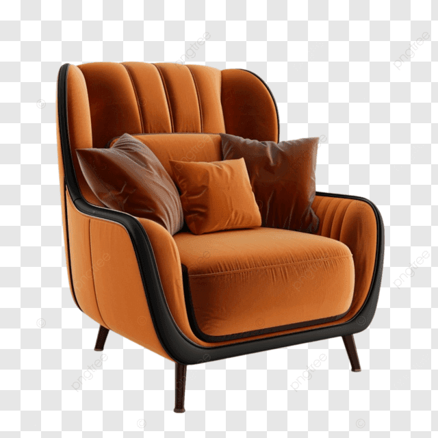 A modern upholstered armchair featuring plush orange velvet fabric, channel tufting on the backrest, and contrasting black piping along the edges of the arms and back. It sits on four slender, dark, tapered legs and includes several throw pillows in matching orange and brown hues. — 3D model