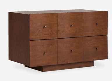 A modern, rectangular chest of drawers crafted from dark-stained wood, featuring six individual drawers, each equipped with a small brass knob, all resting on a recessed plinth base. — 3D model