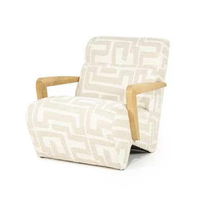 A modern armchair with a patterned fabric upholstery and wooden armrests. The armchair features a sculpted silhouette with a high back and wide seat. The armrests are curved and made of light-colored wood, providing a contrast to the patterned upholstery. The upholstery has a geometric pattern in a light beige and off-white color scheme. — 3D model