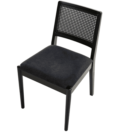 A black side chair with a cane-woven backrest and a upholstered seat. The chair features a rectangular cane back panel set within a black wooden frame. The seat is upholstered in a dark grey fabric. The frame and legs are constructed from black wood, with tapered legs. — 3D model