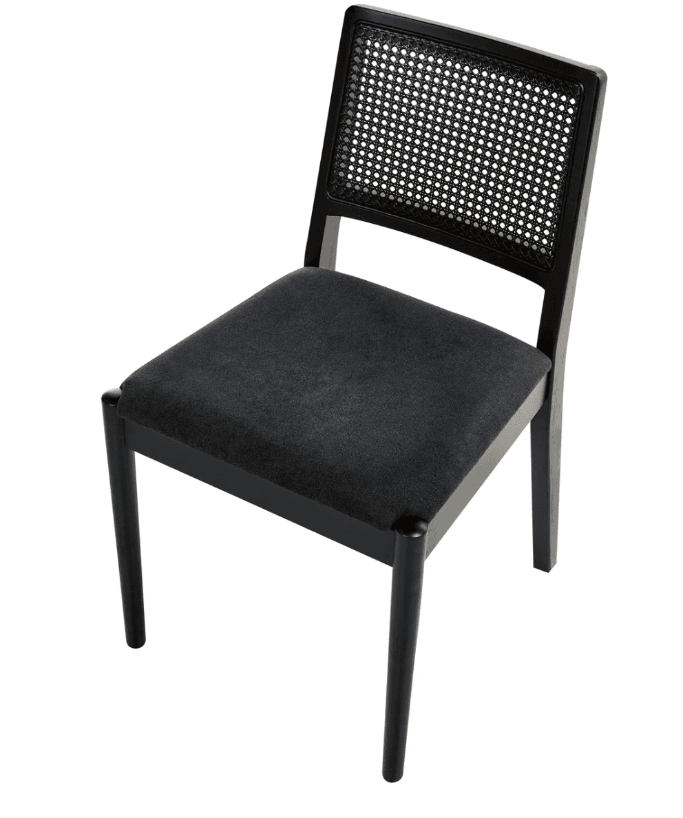 A black side chair with a cane-woven backrest and a upholstered seat. The chair features a rectangular cane back panel set within a black wooden frame. The seat is upholstered in a dark grey fabric. The frame and legs are constructed from black wood, with tapered legs. — 3D model