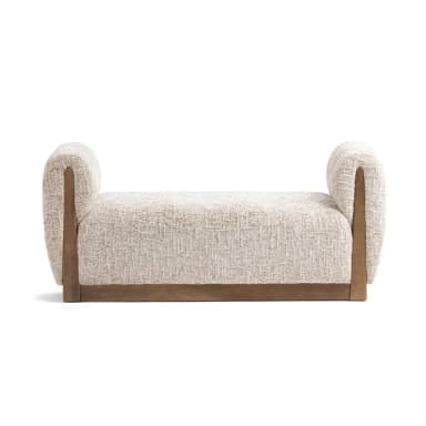 A modern upholstered bench featuring a distinct cylindrical bolster backrest, set on a wooden frame. — 3D model