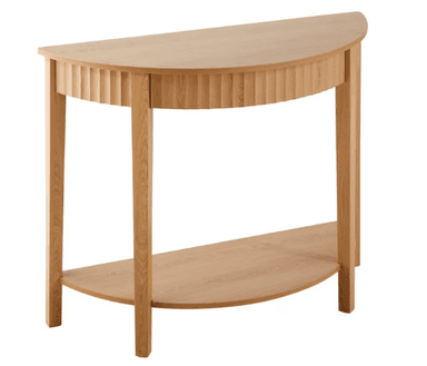 A semicircular console table with a slatted decorative front panel and a lower shelf. It features a light wood finish and clean lines. — 3D model