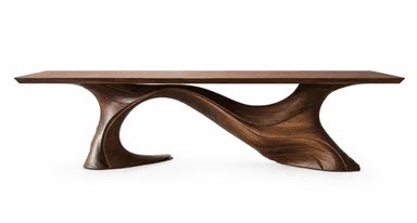 A long, narrow bench crafted from dark wood, featuring a highly sculptural and fluid base that supports a clean, rectangular top. — 3D model