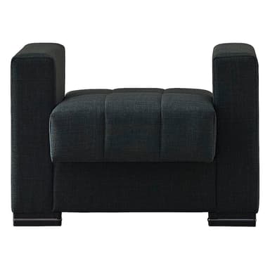 A modern upholstered bench featuring a channel-tufted seat and prominent, rectilinear arm-like structures on either side. The fabric is a dark grey or charcoal woven texture, and the base includes a silver or chrome metallic trim. — 3D model