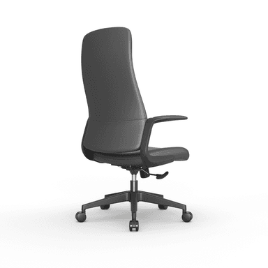 A modern high-back office chair upholstered in dark gray, featuring integrated armrests, a five-star caster base, and visible height adjustment lever. — 3D model