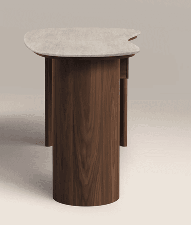 A modern console table featuring an organically shaped light-colored stone top, likely travertine or marble. It stands on two thick, half-round legs made of dark-toned wood, possibly walnut, which extend directly from the tabletop. An integrated, recessed drawer made of the same dark wood is situated beneath the tabletop. — 3D model