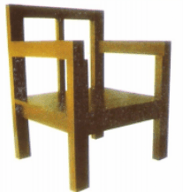 A rendering of a minimalist armchair constructed from light-colored wood, featuring a distinctly geometric and blocky design for both its frame and solid seat/back surfaces. — 3D model