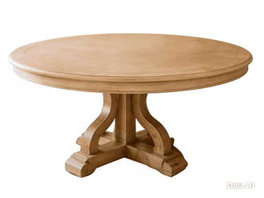 A round, light-colored wooden table featuring a robust, intricately carved pedestal base and a smooth tabletop with a subtle edge detail. — 3D model